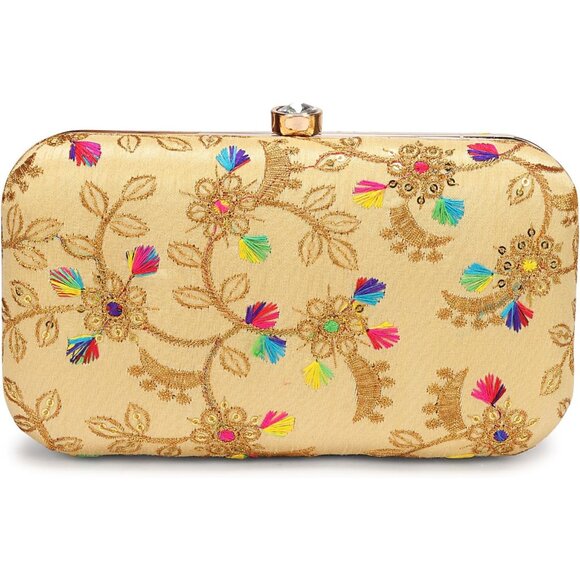 Elegant Gold-tone Box Clutch with Detachable Chain - Zari Embroidered Design - Picture 4 of 7